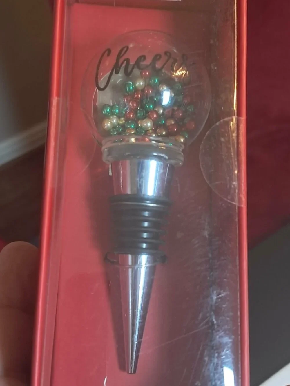 Holiday Cheers Bottle Stopper Red Green Gold Beaded Glass